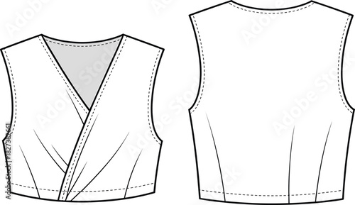 “Modern sleeveless wrap crop top technical flat sketch with detailed seam lines, darts, construction elements, minimalist CAD fashion drawing, vector illustration”