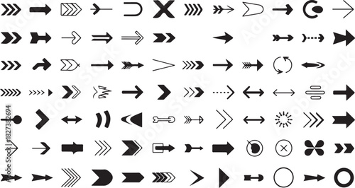 A comprehensive collection of diverse black arrow icons and directional symbols presented on a clean white background perfect for user interface design and navigation elements