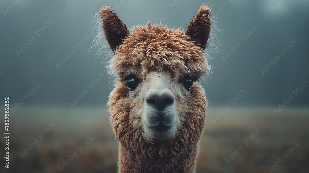 Obraz premium Close-up Portrait of an Alpaca with Brown Fur Looking Directly at the Camera.