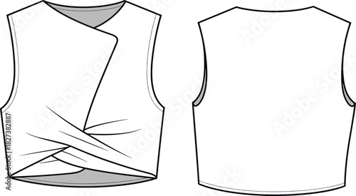 “Stylish women’s sleeveless wrap crop top technical flat sketch with draped front design, fashion vector template for apparel designers”