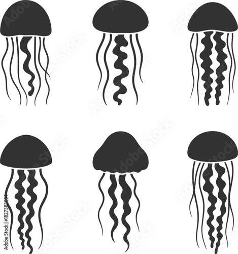 Six Stylized Black Jellyfish Silhouettes on White Background Keywords: jellyfish, sea creature