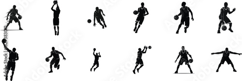 Basketball player silhouettes in various poses on white background