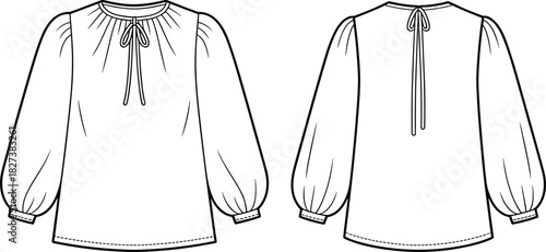 “Elegant women’s blouse fashion flat sketch with long puff sleeves, gathered neckline, back tie detail, technical CAD vector illustration”