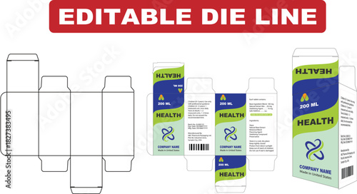 Editable Product Packaging Box Dieline Template – Clean Vector Layout with Front, Back, and Side Panels – Modern Blue and Green Health Label Design – Print-Ready Box Mockup for Branding