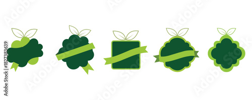 Set of five green organic labels or tags with ribbons and leaf accents, perfect for natural product branding, ecofriendly designs, or promotional badges