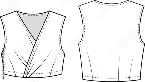 “Stylish sleeveless wrap crop top technical flat, detailed CAD fashion drawing with darts, clean lines, sewing details, vector illustration”