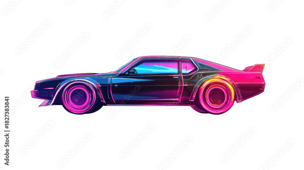Naklejka premium Retro neon classic car illustration featuring glowing vibrant lines and vintage retro-style vehicle artwork isolated on white background