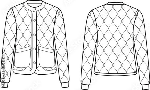 “Detailed quilted jacket flat sketch with front and back views, curved diamond stitching, pockets, rib cuffs, clean outline technical drawing”