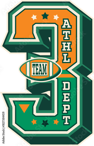 Varsity sport patch number 3 for college league label or team club, vector badge. Varsity sport patch with number Three for university athletic department or champion players club t shirt print