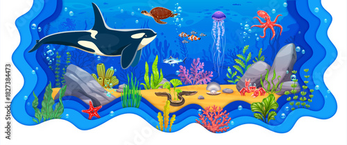 Underwater landscape with killer whale and sea animals in paper cut water frame, cartoon vector. Ocean underwater landscape with coral reef fishes, funny octopus, jellyfish and starfish in seaweeds