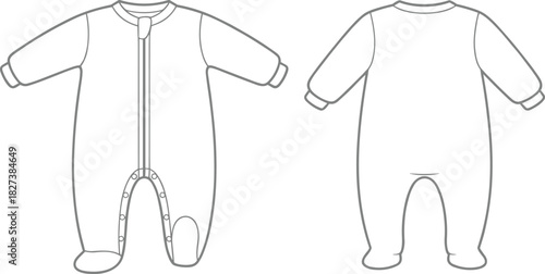 “Detailed flat CAD vector illustration of long sleeve baby onesie with footies, front zipper closure and snap detailing for apparel design”