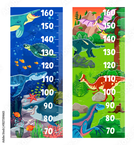 Kids height chart ruler with funny dinosaurs. Kids height chart, child pediatric stadiometer vector gauge with Tylosaurus, Archelon, Liopleurodon water and Amurosaurus, Lexovisaurus land dinosaurs