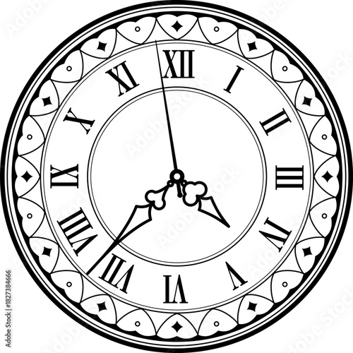 Vintage clock face with Roman numerals on dial, retro old time watches, vector icon. Antique vintage clock face with classic hour, minute and second hand arrows of pocket watches clockface timepiece