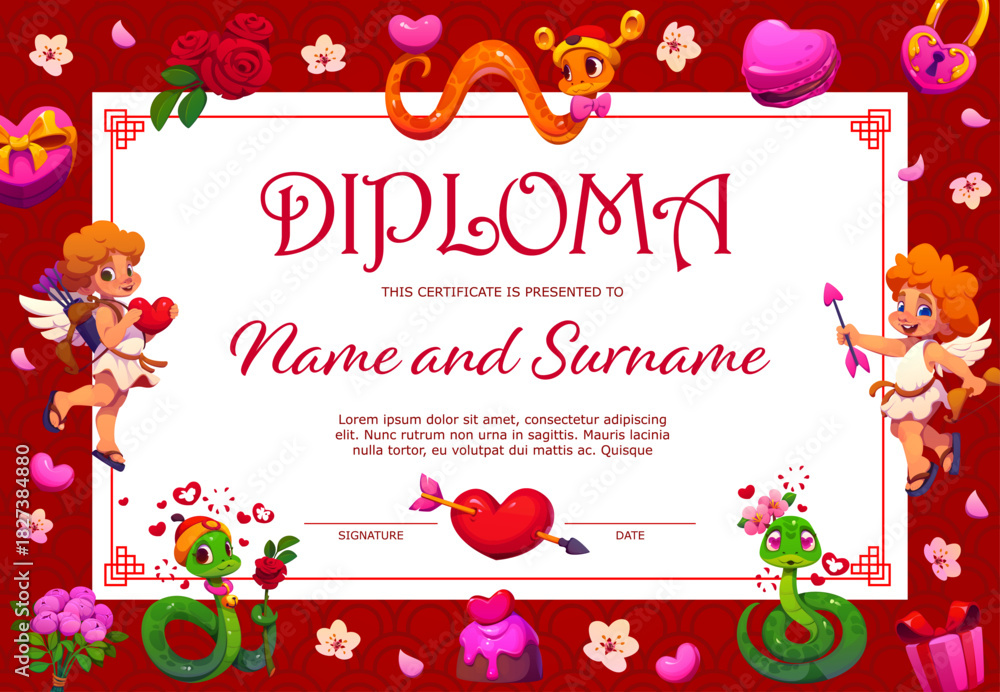 Fototapeta premium Valentines diploma certificate with cherubs, snakes and hearts. Cartoon vector charming layout template featuring cupids, roses, desserts, gift boxes, love and romantic decorations on red border