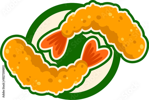 Fast food fried shrimps vintage Y2K sticker or tag. Takeout restaurant Y2K vector patch, street food menu retro groovy sticker. Takeaway cafe hippie label or tag with seafood barbeque grill meal