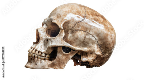 Human skull with detailed bone structure and natural anatomical features showing realistic cranial form ideal for study visuals isolated on white background