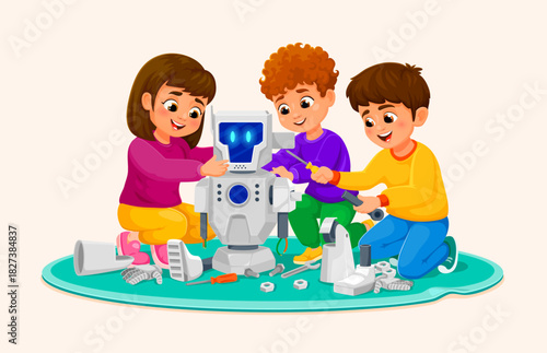 Kids constructioning or repairing robot from parts and tools, cartoon vector. Girl kid and young boys children assemble or repair robot or robotic bot and cyborg droid for futuristic invention study