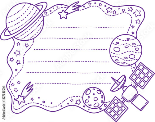 Space galaxy planets kids memo note template. Kids daily schedule vector frame, child planner checklist page. Scrapbook memo note frame or template with solar system planets, satellite and comets