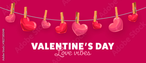 Happy Valentines day greeting card with clothespins and love hearts. Romantic party vector poster, Saint Valentine celebration greeting card. Romance holiday flyer with hearts and clothespins on rope