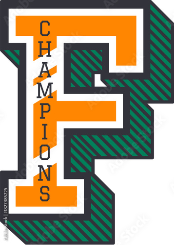American varsity sport letter F, academy club patch label. College team retro symbol vector patch, varsity campus club label print. Athletic champion vintage emblem sticker or badge with typography