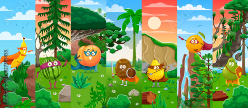 Cartoon superhero fruit characters collage. Natural ripe fruits superhero or warrior vector banner or collage with banana, watermelon, peach and kiwi, guava, orange, pear funny characters in forest
