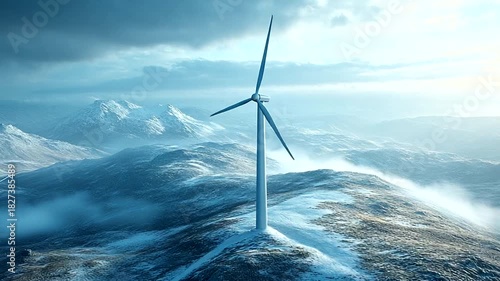 Wind turbine on snowy mountain landscape under clouds