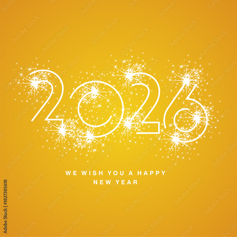 Naklejka premium 2026 New Year modern white line design neon light type typography with sparkle firework. Sparklers in shape of 2026 sign logo icon orange yellow background greeting card