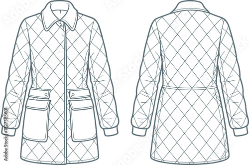“Detailed quilted coat technical fashion sketch showing front and back views for apparel design, sewing pattern reference, garment construction and illustration”