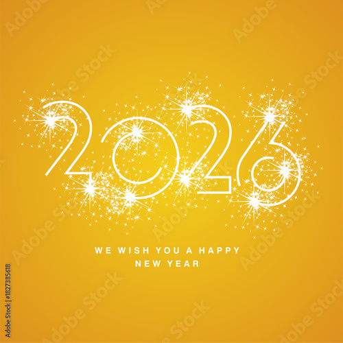 2026 New Year modern white line design neon light type typography with sparkle firework. Sparklers in shape of 2026 sign logo icon orange yellow background greeting card