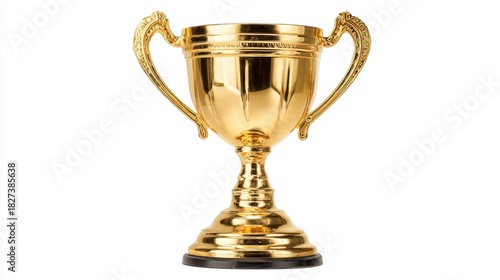 A shiny golden trophy stands on a simple background showcasing its ornate design and gleaming surface. The trophy symbolizes achievement and recognition.