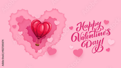Flying hot air balloon and love hearts at happy Valentines day paper cut greeting card. Romance day vector poster, love greeting card. Saint Valentine celebration flyer with air balloon in clouds