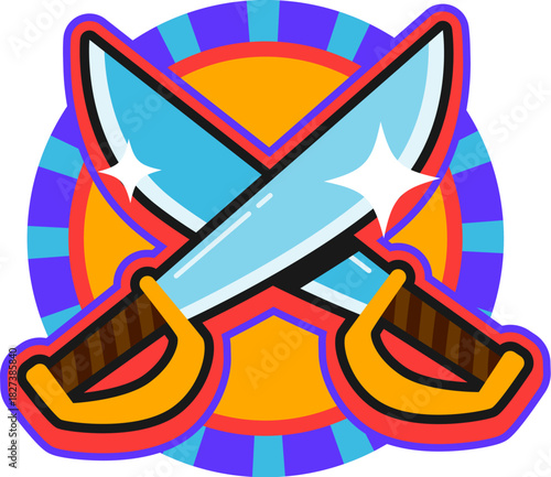 Pirate sword vintage Y2K sticker or label. Filibuster treasure hunting Y2K label, piracy and nautical vintage vector patch. Pirate marine retro sticker or tag with crossed cutlass swords