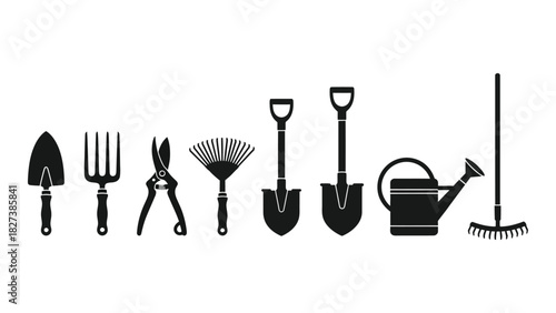 Garden tools silhouette icons set isolated on white background, Vector