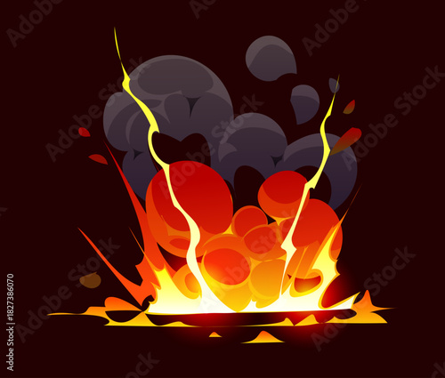 Cartoon bomb explosion and magic smoke effect of red fire clouds, vector explosive burst. Cartoon TNT bomb explosion blast effect of fire lava from volcano eruption or hot plasma with magic smoke