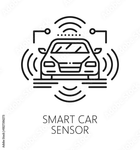 Smart car detection Smart sensor line icon. Car industry sensor outline sign, autonomous self driving smart technology linear vector symbol. Security innovation lineart icon or safety system pictogram