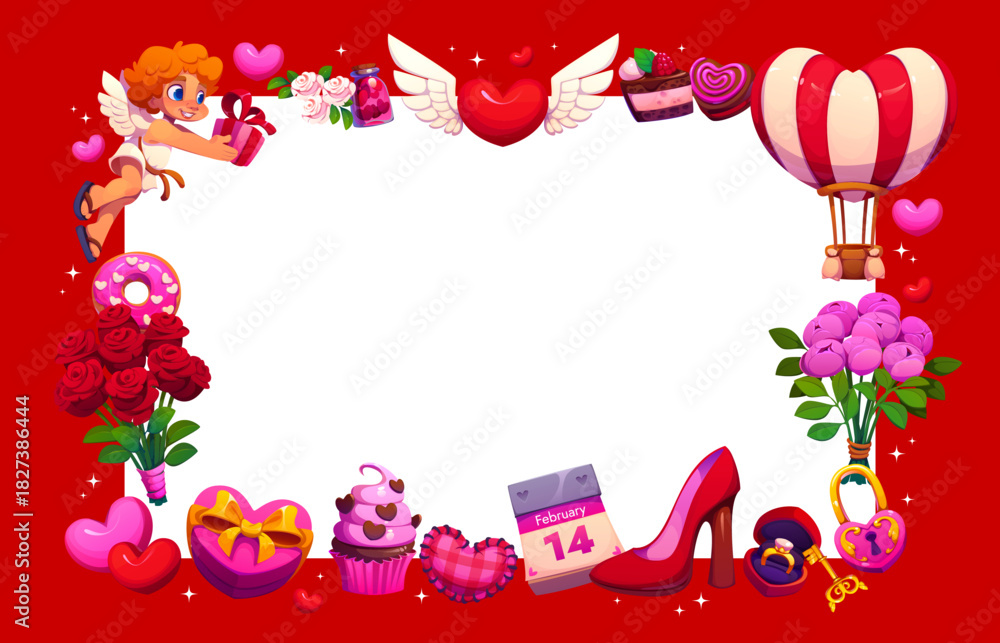 Fototapeta premium Valentines day holiday greeting card template. Cartoon vector rectangular love frame border with cherub holding gift box, winged heart, hot air balloon, roses, cupcake and woman shoe on red background