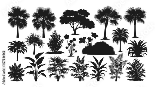 Diverse plant silhouettes collection isolated on white background, Vector