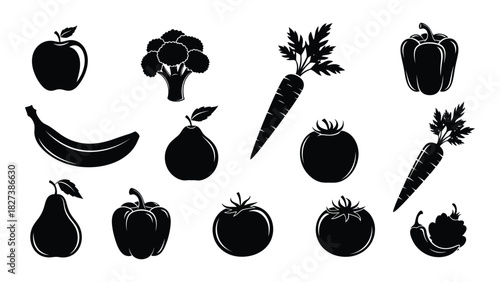 Assorted fruit and vegetable silhouettes isolated on white background, Vector