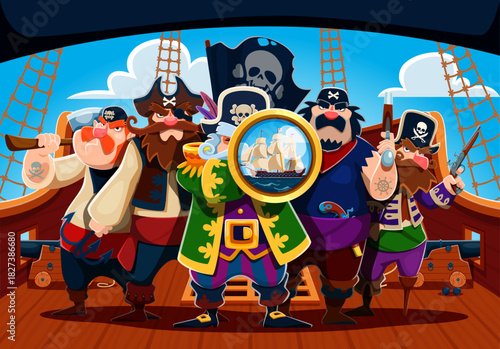 Cartoon pirate sailors and captain crew characters on the ship deck. Vector rover personages in classic corsair attire, holding weapons, black flag and a spyglass, suggesting a high seas adventure
