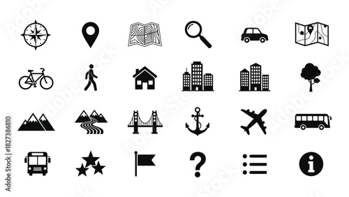 Travel and navigation silhouette icons isolated on white background, Vector