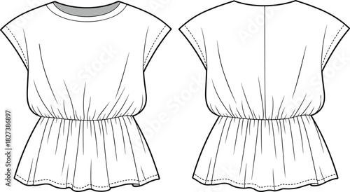 “Women’s peplum top flat fashion vector illustration showing front and back technical drawing for apparel design, sewing pattern and garment development”