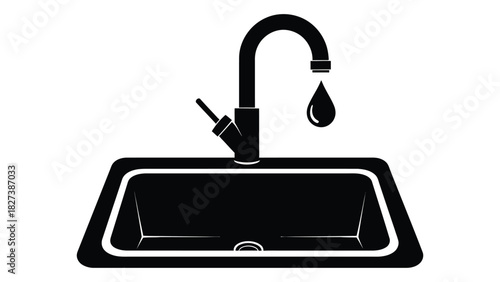 Sink and faucet silhouette with dripping water isolated on white background, Vector