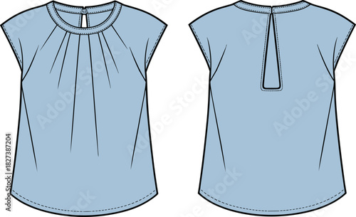 “Stylish women’s sleeveless top technical flat sketch with pleated front details and keyhole back opening in soft pastel color design”