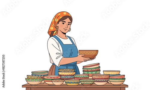 Ceramic artist stands proudly surrounded by finished bowls vector design