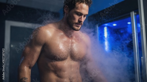 A muscular man stands in a cold therapy chamber surrounded by steam and blue lights. He is focused on his recovery engaging in wellness practices for fitness rejuvenation.