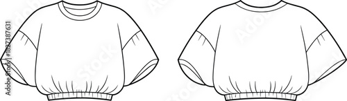 “Stylish oversized batwing sleeve cropped top technical flat sketch, modern fashion design vector illustration for apparel production and garment CAD drawing”