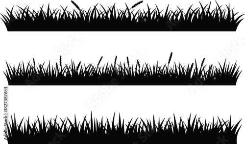 “Grass silhouette borders with wild meadow blades and wheat stems for natural design elements, cad drawing flat vector illustration”