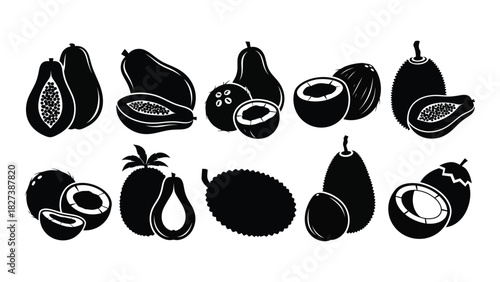 Tropical fruit silhouettes collection isolated on white background, Vector