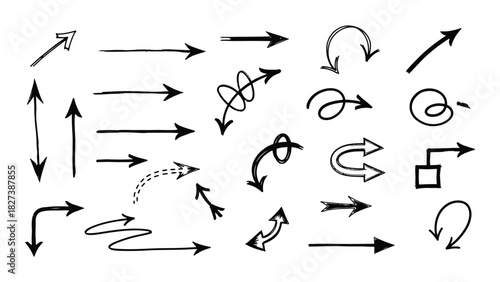 Diverse hand-drawn arrow silhouettes isolated on white background, Vector