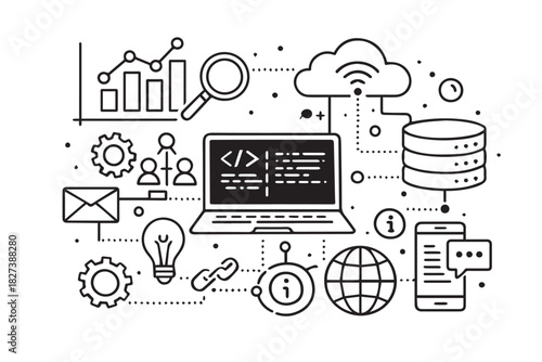 A Detailed and Modern Line-Art Illustration Representing Data Processing, Cloud Computing, Software Development, Digital Communication, and Connected Technology Systems in a Clean Minimal Outline 